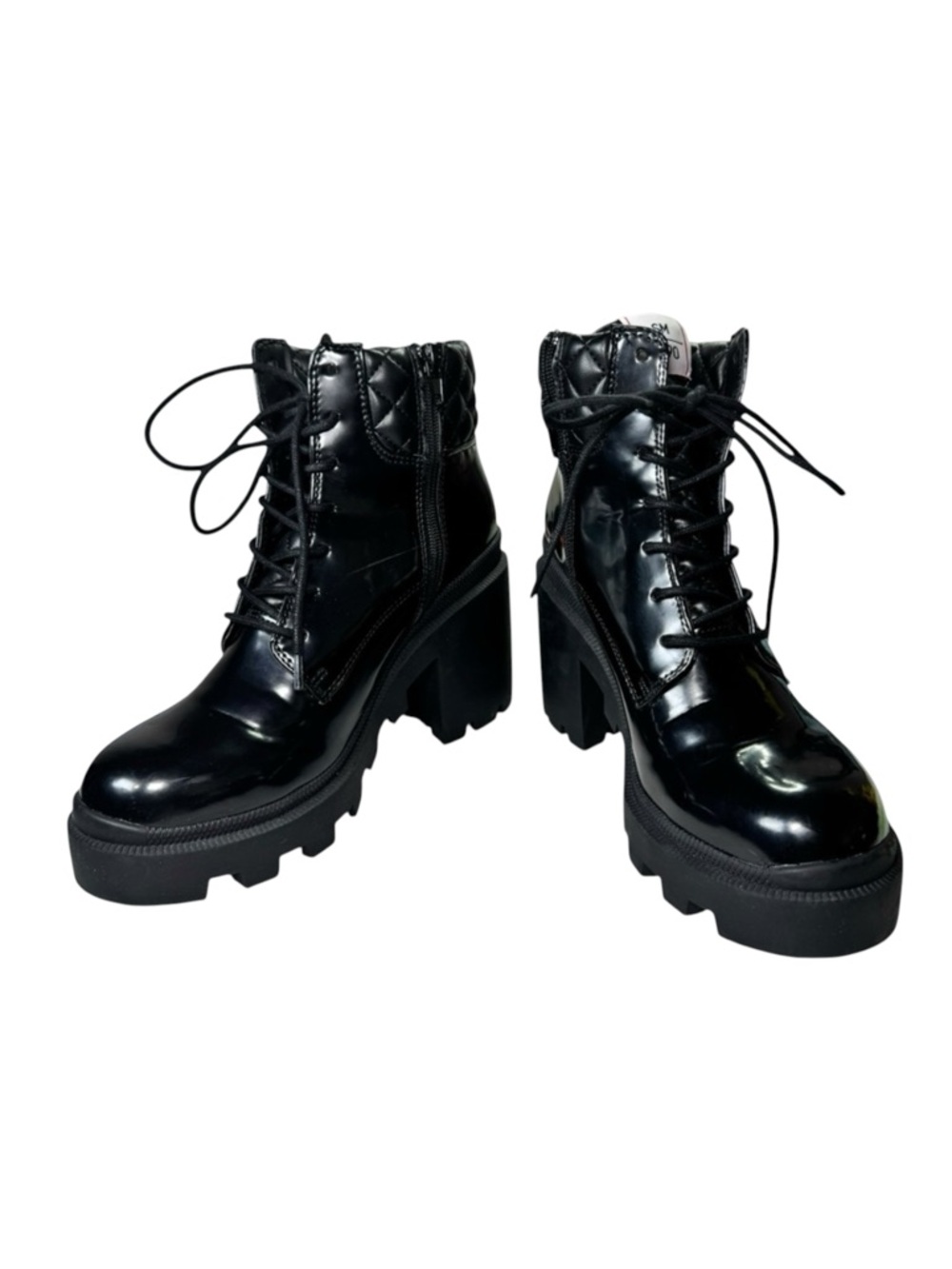 Steve Madden Aryn Black Patent Quilted Combat Boots Lug Sole Block Heel 8.5